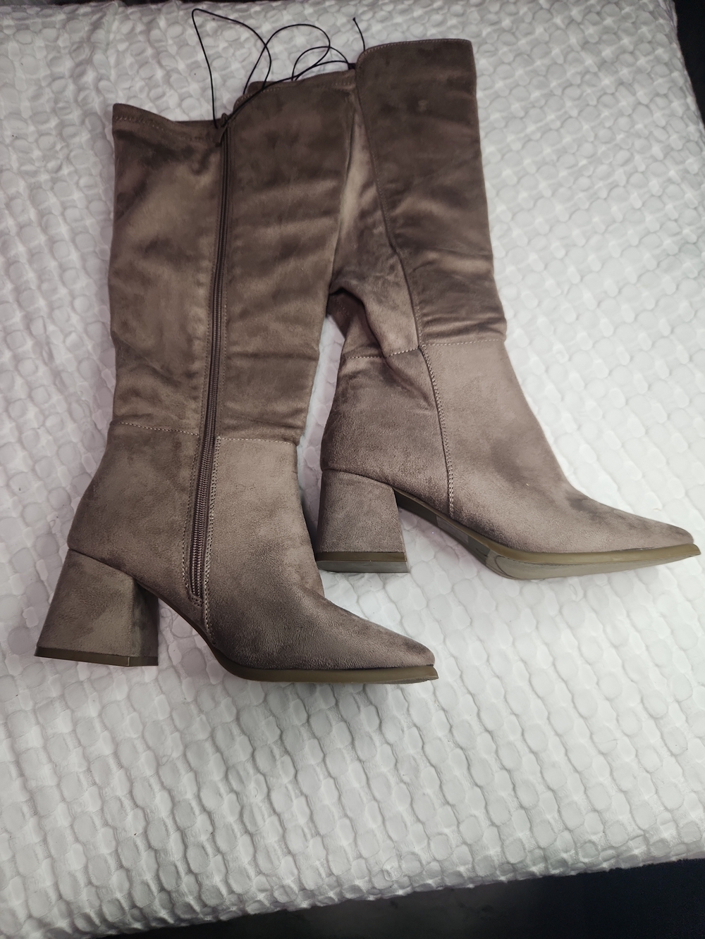 Women's Taupe Suede Pointed Toe Mid-Calf Block Heel Boots